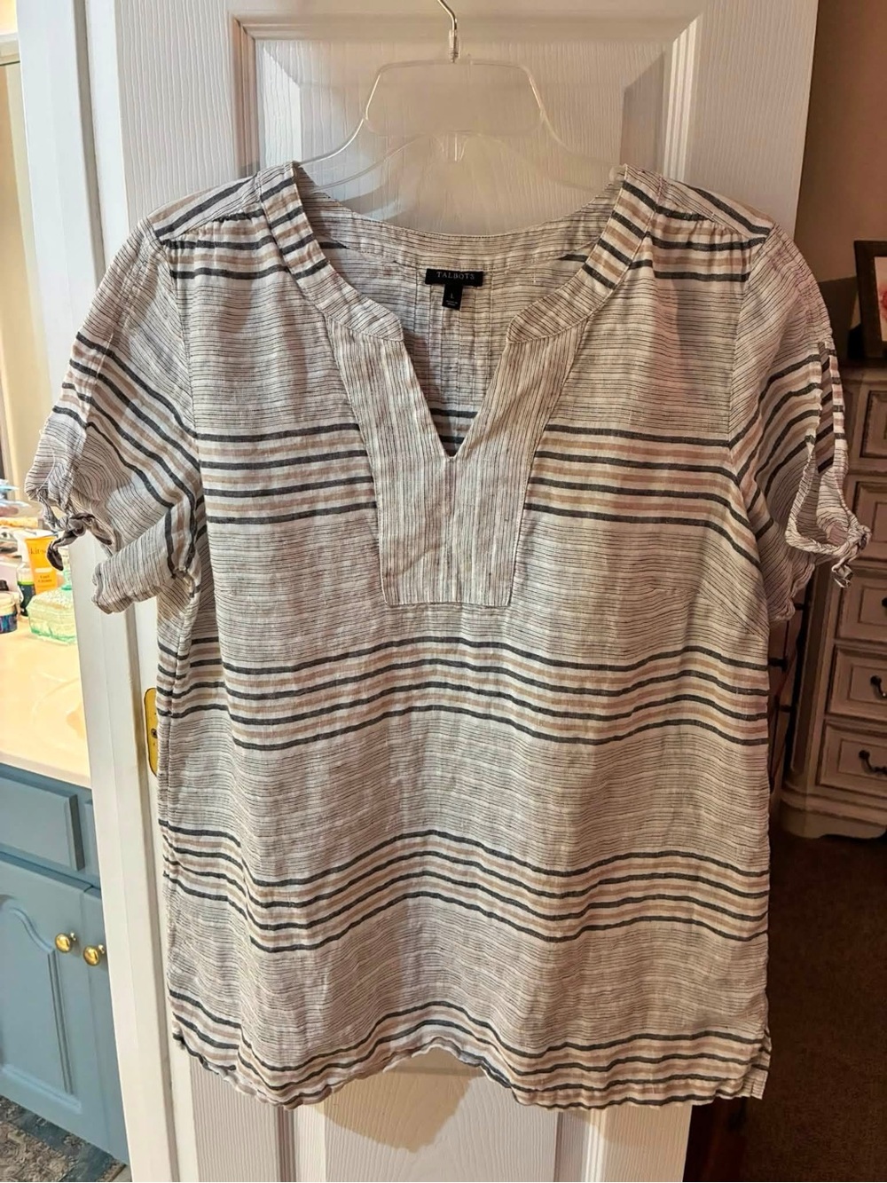 Talbots 100% Linen Cream and Black Striped Short-Sleeve Tie Sleeve Top SZ L